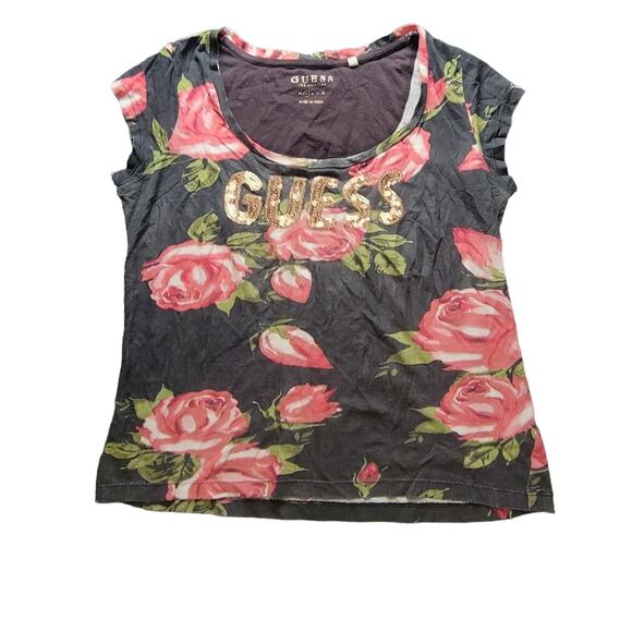 Guess Los Angeles Black Floral Scoop Neck Tee - Size Small - Picture 1 of 4
